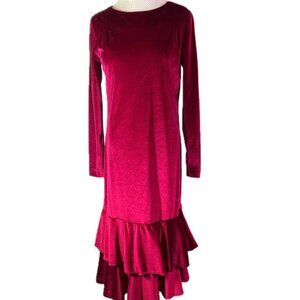 Vintage 1970s Herman Marcus 10 Long Sleeve Velvet Dress Ruffle Hem Burgundy